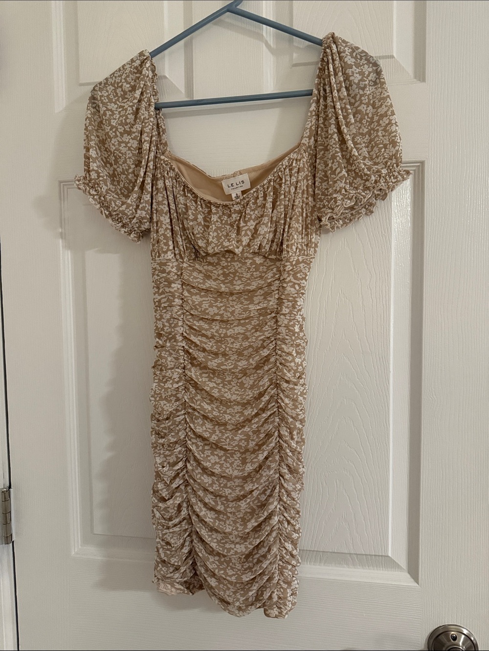Le Lis Beige Floral Ruched Puff-Sleeve Mini Dress